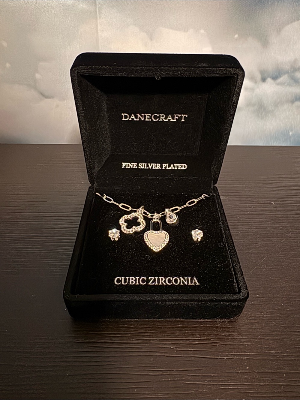 Danecraft Fine Silver Plated cubic zirconia charm necklace with earrings. NIB